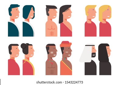 set of community and diversity people avatar from all over the world with traditional costumes sign symbol. multicultural group of male, female portrait  cartoon character flat vector illustration