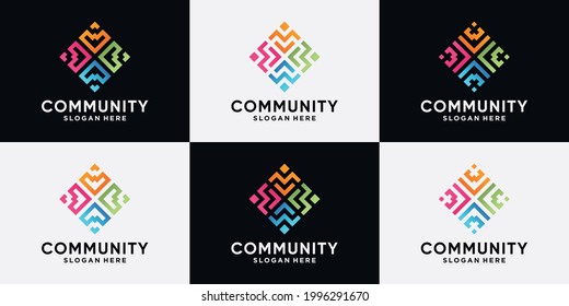 Conjunto de diseños de logotipos comunitarios y humanos para grupos sociales con estilo de arte de línea 