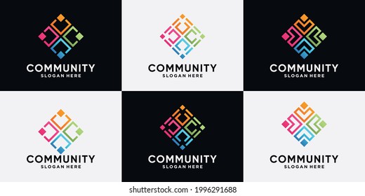 Set of community and human logo design for social group with line art style and modern concept