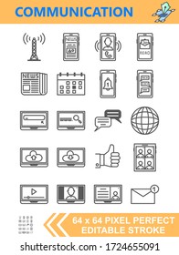 Set of Community Icons concept. Drahtlose Kommunikation über Smartphone, Notebook, Laptop, Zeitung, Kalender. Vector Illustrationsdesign. Bearbeitbarer Strich. 64 x 64 Pixel perfekt. Vektor-Illustrator.