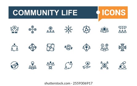 Set of Community Life line icons. Includes icons for friendship, Social, relationship, support, man, team, pr and more. Minimalistic icons. Vector line and solid icons.