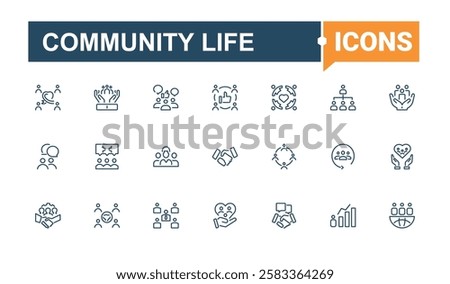 Set of Community Life line icons. Includes thin line shake, social, heart, on, care, relationship, support, community. Minimal icon. Editable stroke.