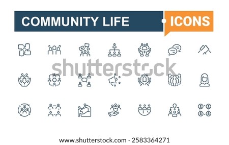 Set of Community Life line icons. Includes thin line shake, social, heart, on, care, relationship, support, community. Minimal icon. Editable stroke.