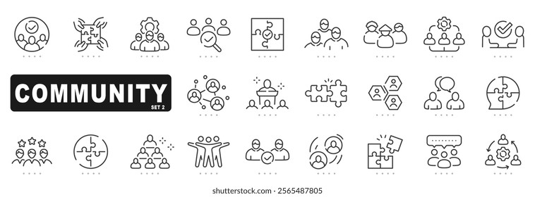 Set of community related line icons. Teamwork, support, group, friend etc. Editable stroke. Set 2