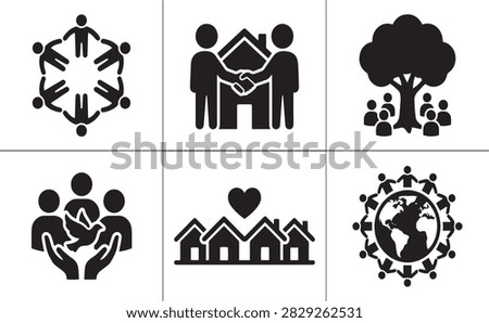 Set of community and unity icons with people holding hands handshake tree vector symbols community handshake teamwork friendship cooperation environment collection illustration together