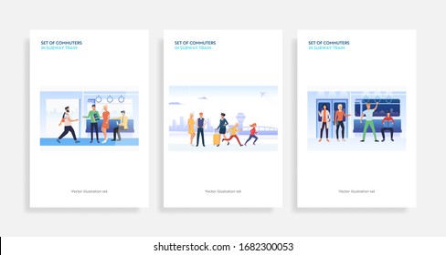 Set of commuters in subway train. Flat vector illustrations of passengers with smartphones, waiting for departure. Public transport concept for banner, website design or landing web page