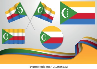 Set Of Comoros Flags In Different Designs, Icon, Flaying Flags With ribbon With Background. Free Vector