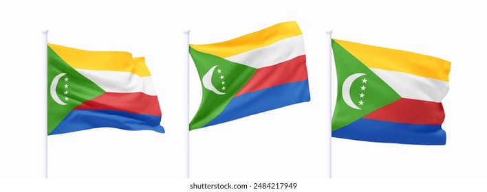 Set of Comoros waving flag on flagpole. Realistic 3d design flag flies on the wind on isolated white background. vector illustration