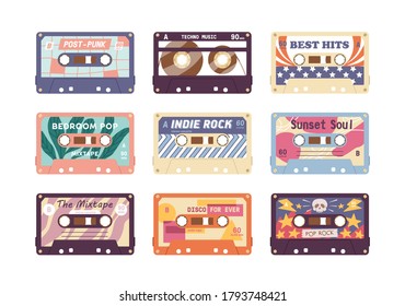 Set of compact analog audio cassette from 80s, 90s. Different retro audiocassette with old school music mixtape. Flat vector cartoon illustration isolated on white background