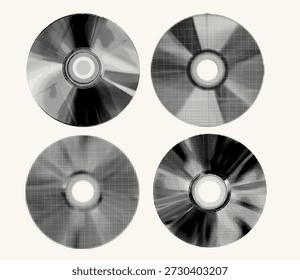 Conjunto de gráficos de disco compacto en blanco y negro con puntos de semitono. Retro grunge CD elemento de collage recortado en estilo de arte pop Y2K para música, computadora, medios mixtos y diseño vintage de moda. Colección.