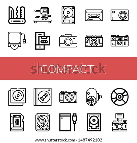 Set of compact icons such as Swiss army knife, Hard disk, Camera, Cassette, Compact camera, Cd, Sd card, Dvd, Hard drive, Amateur camera, Compact disc ,