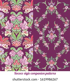 Set of companion seamless vector luxurious floral ornate classic antique baroque or rococo style vintage boho textile patterns in lilac, pink, rose and light green colors for custom print and design.