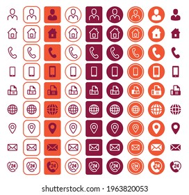 Set of company connection business card icons. Name, e-mail, mobile, address, location, website. Vector print illustration.