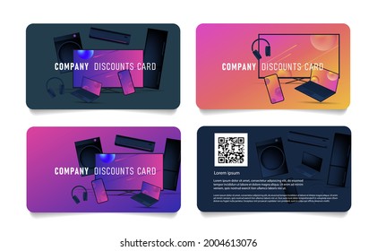 Set Of Company Discount Cards For Electronic Devices, Gradient Illustrations Of Smart Gadgets And Household Equipment, Template Fromt And Back