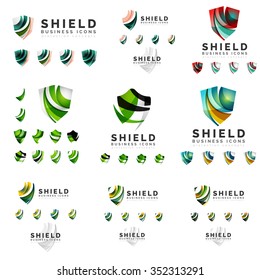 Set of company logotype branding designs, shield protection concept icons isolated on white