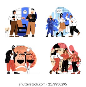 Set of company moral principles. Employees uphold rules of fairness, honesty, honor and support. Successful teamwork or partnership. Cartoon flat vector collection isolated on white background