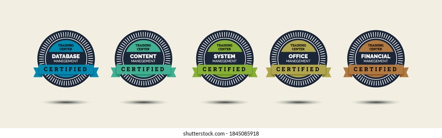 Set of company training badge certificates to determine based on criteria. Standard verified modern vintage colorful vector illustration.