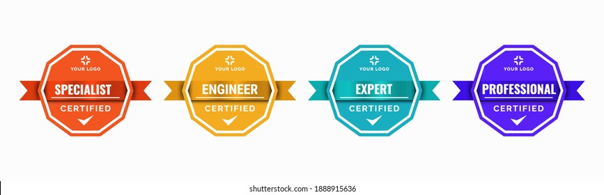 Set of company training badge certificates to determine based on criteria. Standard verified modern vintage colorful vector illustration.