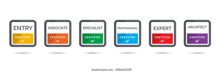 Set Of Company Training Badge Certificates To Determine Based On Criteria. Vector Illustration Certified Logo With Square Shape Design.