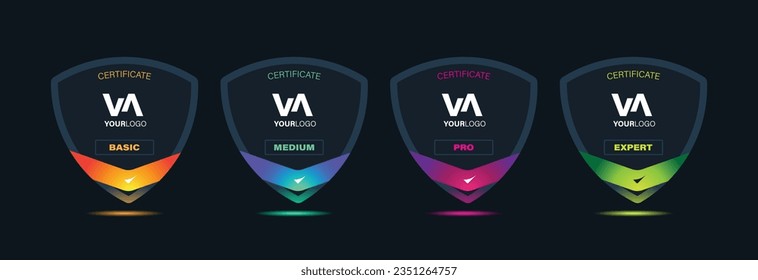 Set of company training badge certificates to determine based on criteria. certified shield badge, lavel, pro, expert. flat vector, game certification icon template. achievement design icon. 