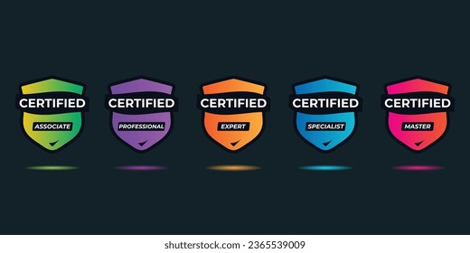 Set of company training badge certificates to determine based on criteria. certified shield badge, lavel, flat vector, game certification icon template. achievement design icon. 