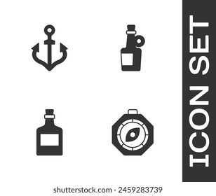 Set Compass, Anchor, Alcohol drink Rum and  icon. Vector
