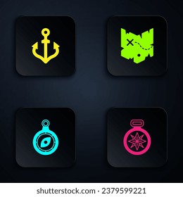 Set Compass, Anchor,  and Pirate treasure map. Black square button. Vector