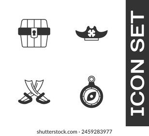 Set Kompass, antike Schatztruhe, gekreuzte Piratenschwerter und Piratenhut-Ikone. Vektorgrafik