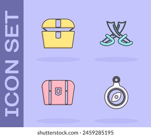 Set Brújula, cofre del tesoro antiguo e icono de espadas piratas cruzadas. Vector