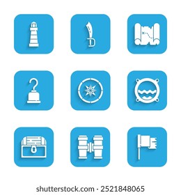 Set Compass, Binoculars, Pirate flag, Ship porthole with seascape, Antique treasure chest, hook, map and Lighthouse icon. Vector