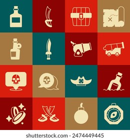 Set Compass, Bottle with message in water, Cannon, Antique treasure chest, Pirate sword, Alcohol drink Rum,  and  icon. Vector