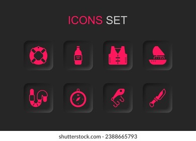 Set Compass, Bottle of vodka, Lifebuoy, Fishing lure, Yacht sailboat, Knife, jacket and Worm icon. Vector