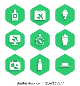 Set Compass, Bottle of water, Man hat with ribbon, Ice cream in waffle cone, Suitcase, Speech bubble airplane,  and Sunscreen spray bottle icon. Vector