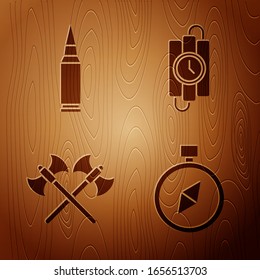 Ponga las hachas medievales cruzadas Compass, Bullet y dinamita y reloj con temporizador sobre fondo de madera. Vector