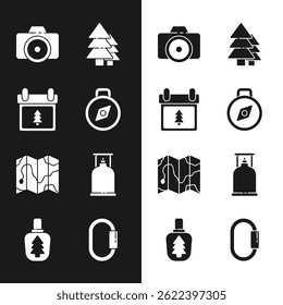 Set Compass, Calendar with tree, Photo camera, Tree, Location of the forest on map, Camping gas stove, Carabiner and Canteen water bottle icon. Vector