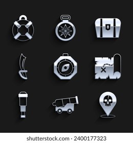 Compass, Cannon, Lugar pirata, Mapa del tesoro pirata, lente del telescopio Spyglass, espada, pecho antiguo e ícono de Lifebuoy. Vector