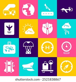 Set Compass, Clock, Storm, Plane landing, Sun cloud weather, Passport, Passenger ladder and propeller icon. Vector