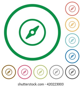 Set of compass color round outlined flat icons on white background