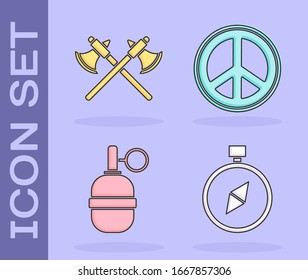 Set Compass, Crossed medieval axes, Hand grenade and Peace icon. Vector