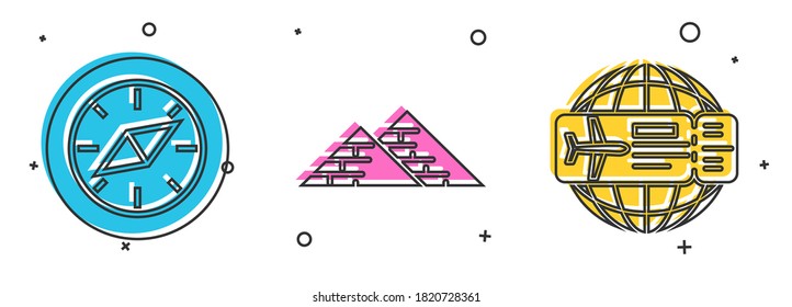 Set Compass, Egypt pyramids and Airline ticket icon. Vector
