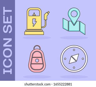 Establezca Compass, Estación de carga de camión eléctrico, Clave de Camión con mapa remoto y doblado con icono de marcador de ubicación. Vector