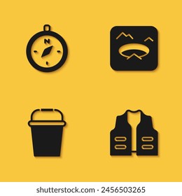 Set Compass, Fishing jacket, bucket and Winter fishing icon with long shadow. Vector