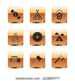 Set Compass, Flashlight, Old wooden axe, Campfire, Canteen water bottle, Wooden and Tourist tent icon. Vector