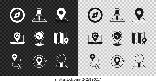 Set Compass, Folded map with location marker, Route, Map pin, City navigation and  icon. Vector