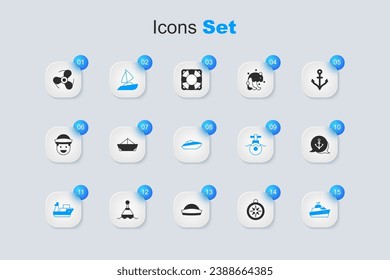 Set Compass, Folded paper boat, Yacht sailboat, Cargo ship, Speedboat, Anchor, Boat propeller and  icon. Vector