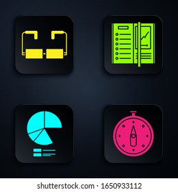 Set Compass, Glasses, Pie chart infographic and Notebook. Black square button. Vector
