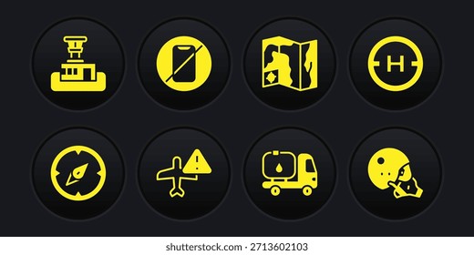 Set Kompass, Hubschrauberlandeplatz, Warnflugzeug, Tanklastwagen, World Travel Map, Kein Handy, Moderner Pilotenhelm und Flughafenkontrollturm-Symbol. Vektorgrafik