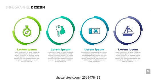 Set Compass, Hotel door lock key, Airline ticket and Yacht sailboat. Business infographic template. Vector