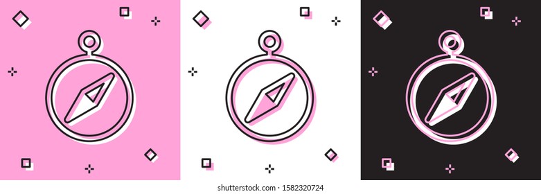 Set Compass icon isolated on pink and white, black background. Windrose navigation symbol. Wind rose sign.  Vector Illustration