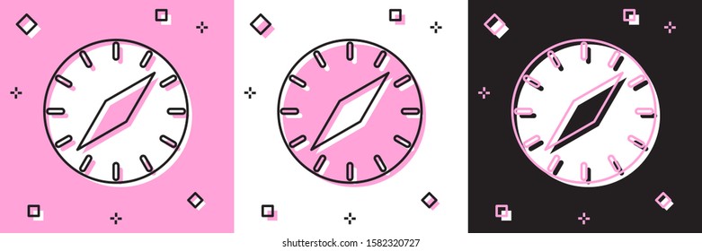 Set Compass icon isolated on pink and white, black background. Windrose navigation symbol. Wind rose sign.  Vector Illustration